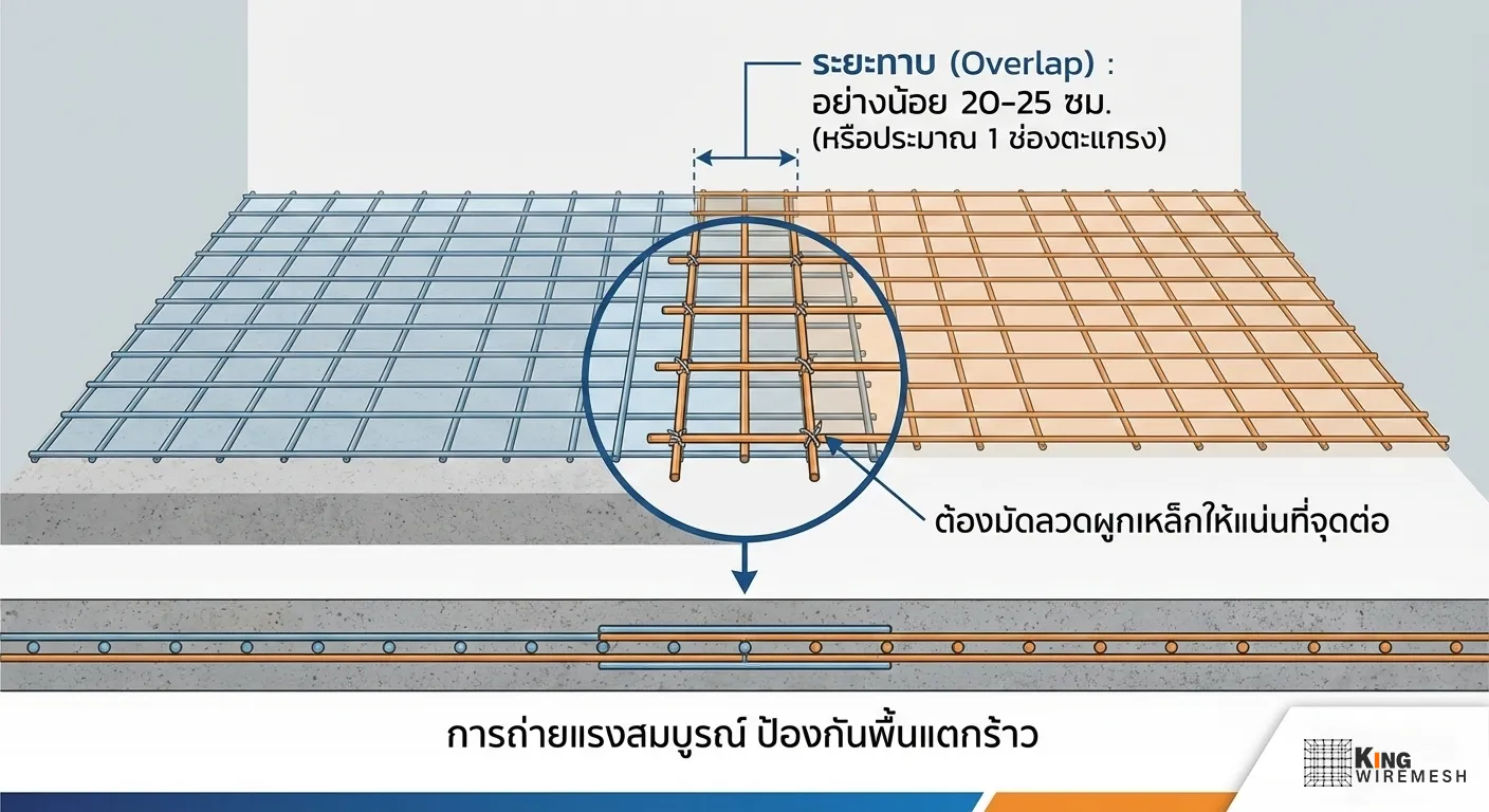 ไดอะแกรมแสดงวิธีการวางระยะทาบ (Overlap) ของตะแกรงไวร์เมชที่ถูกต้อง โดยต้องทาบกันอย่างน้อย 20-25 ซม. หรือประมาณ 1 ช่องตะแกรง และมัดลวดให้แน่น เพื่อการถ่ายแรงที่สมบูรณ์และป้องกันพื้นคอนกรีตแตกร้าว