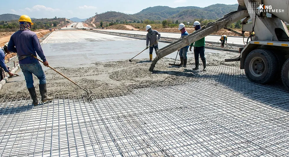 ภาพการเทคอนกรีตทับลงไปบนตะแกรงไวร์เมชในงานทำถนน หรือพื้นโรงงาน