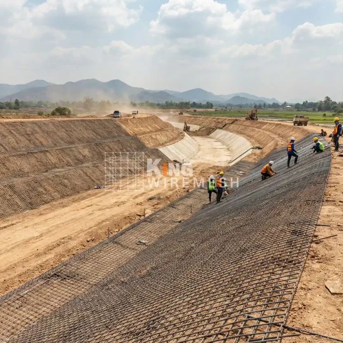 ตะแกรงเหล็กไวร์เมช 11 มิล ปูลาดตลิ่งคลองส่งน้ำและเขื่อน งานสเปคกรมชลประทาน